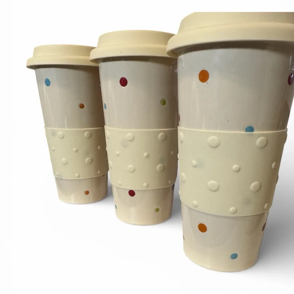 Temp-Tations Cream Polka Dot 12oz Mug Bundle 4 Cups With Lids